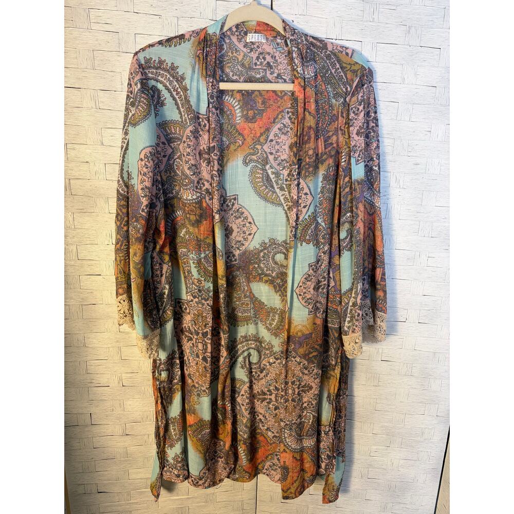Spence women’s cardigan Patwork print lace bohemian hippie coastal grandma ￼